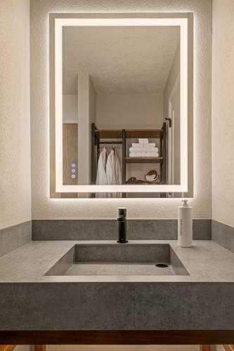 a bathroom sink with a large mirror above it at The Amaya - 21 and older only in Fort Wayne