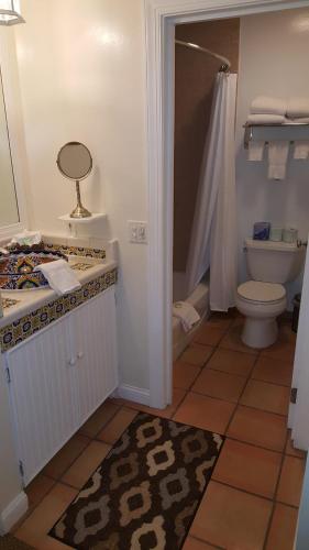 a bathroom with a toilet and a sink and a shower at The Caribbean Court Boutique Hotel in Vero Beach