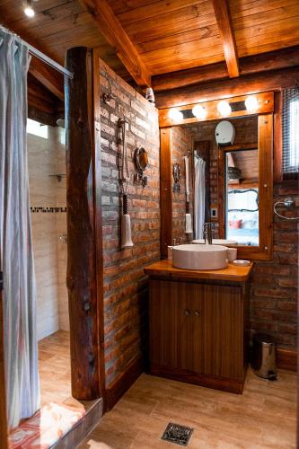 a bathroom with a sink and a wooden wall at One Cabañas Malva in Los Antiguos