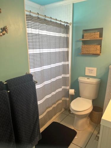 een badkamer met een toilet en een douche bij Egret in Holden Beach