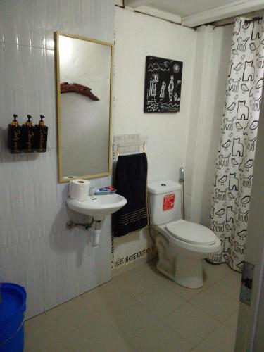 a bathroom with a toilet and a sink and a mirror at Two crazy monkeys in Bakjawan