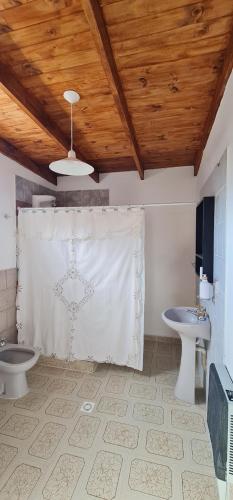 bagno con tenda da doccia bianca e lavandino di La Morada a Gaiman