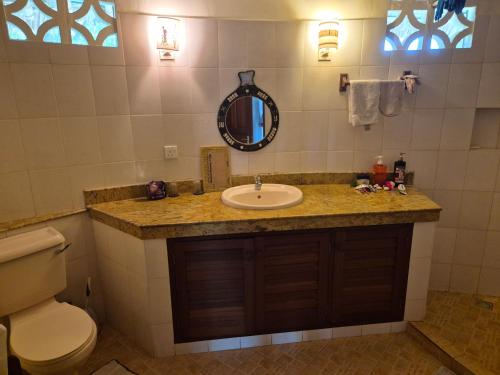 een badkamer met een wastafel, een toilet en een spiegel bij Petasha Bustani Villas Diani with pool and parking in Galu
