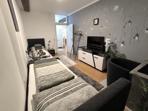 a living room with two beds and a tv at Wohnung in Leoben Zentrum Zwischen Hauptplatz und Stadtpark in Leoben