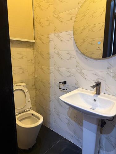 a bathroom with a sink and a toilet and a mirror at Estelle Service Apartments Limited in Ikate