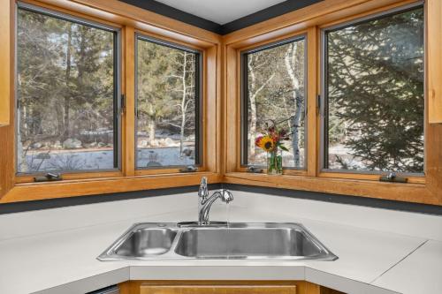 RMR: Stock House in Teton Village في قرية تيتون: مطبخ مع مغسلة وثلاث نوافذ