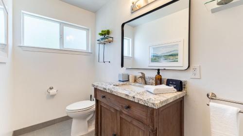 ein Badezimmer mit Waschbecken, Toilette und Spiegel in der Unterkunft Modern Sonoma Stay w Spacious Deck Views Prime Location Bennett in Santa Rosa