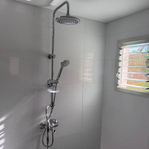 a shower with a shower head in a bathroom at הבית של דובי in Kfar Blum