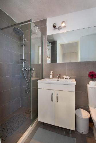 a bathroom with a shower and a sink and a toilet at Thodoroulis in Boïkátika