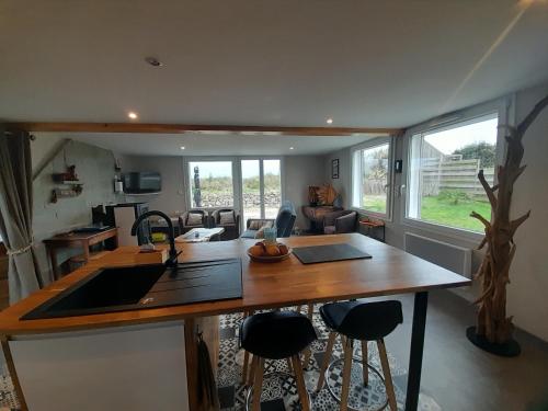 une cuisine et un salon avec une table et des chaises dans l'établissement La palmeraie de brévy, à Réville