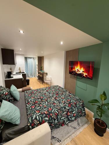 a bedroom with a bed and a fireplace on the wall at Studio Bagneux Bourg la Reine in Bagneux