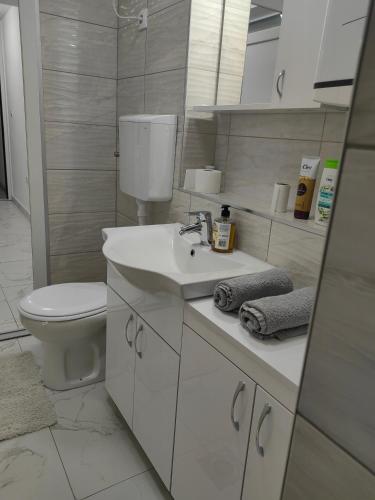 een witte badkamer met een toilet en een wastafel bij Apartmani B&R in Lazarevac