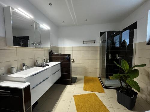 ein Badezimmer mit einem Waschbecken, einer Dusche und einer Pflanze in der Unterkunft Dreamliner Bungalow Murau in Murau