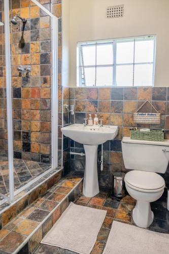 a bathroom with a toilet and a sink and a shower at Summer House in Harrismith