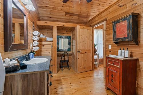 City on a Hill at Spring Creek في فريدريكسبيرغ: حمام مع حوض في كابينة خشبية