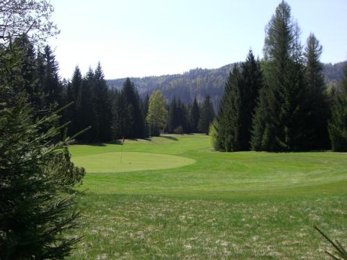 a view of a golf course with a green at Hotel Partizán in Tale
