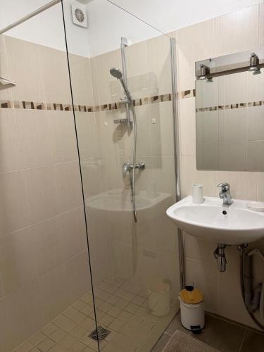 a bathroom with a shower and a sink at La ferme de Marin in Marin