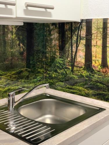 a kitchen sink with a window in a forest at Schwarzwaldliebe in Schönwald