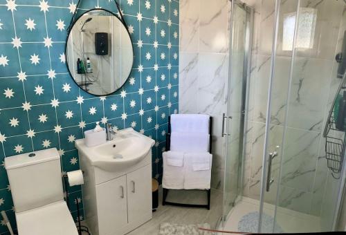 a bathroom with a shower and a sink and a mirror at St Columb's Cottage in Derry Londonderry