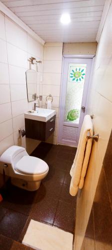 a bathroom with a toilet and a sink at Ecotropicfarmhouse in Cerro Azul