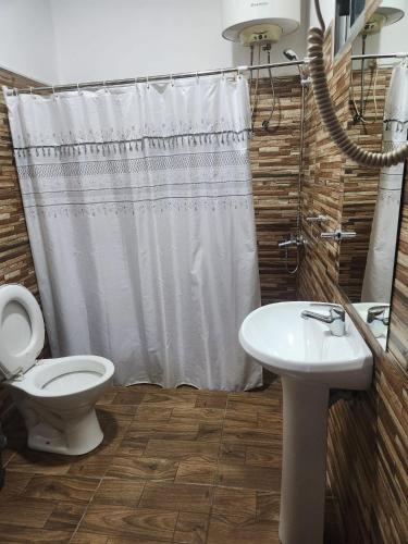 a bathroom with a toilet and a sink at Hotel Trinidad Flores in Trinidad