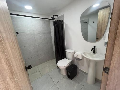 un bagno con un water, un lavandino e uno specchio di Hotel San Gil House a San Gil