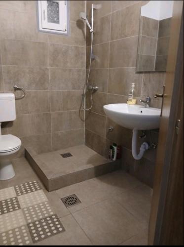 a bathroom with a shower and a sink and a toilet at Stan na dan Ugljevik Centar in Ugljevik
