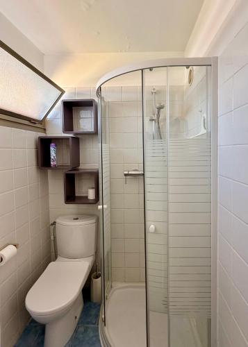 a bathroom with a toilet and a glass shower at Studio avec terrasse sud proche bord de mer in Sainte-Maxime