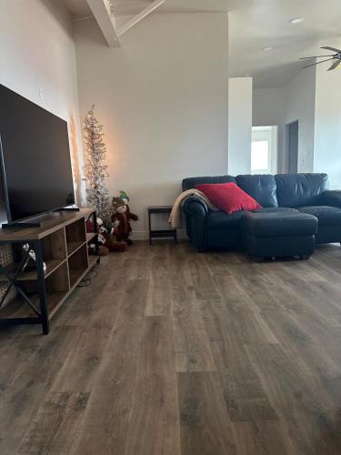 een woonkamer met een blauwe bank en een televisie bij Willowbend Bunkhouse 