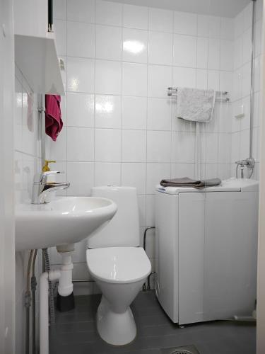 a white bathroom with a toilet and a sink at Romanttinen Retrokaksio in Oulu