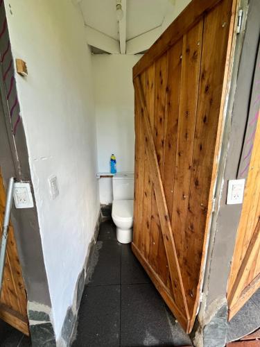 a bathroom with a toilet and a wooden door at Camping Aiton Amunak in El Bolsón