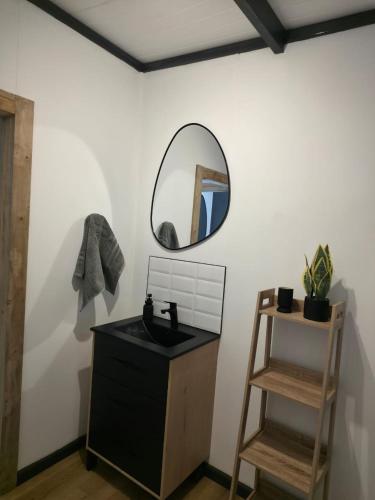 a bathroom with a sink and a mirror on a wall at Luxury Unit with Mountain Views & Splash Pool in Oudtshoorn