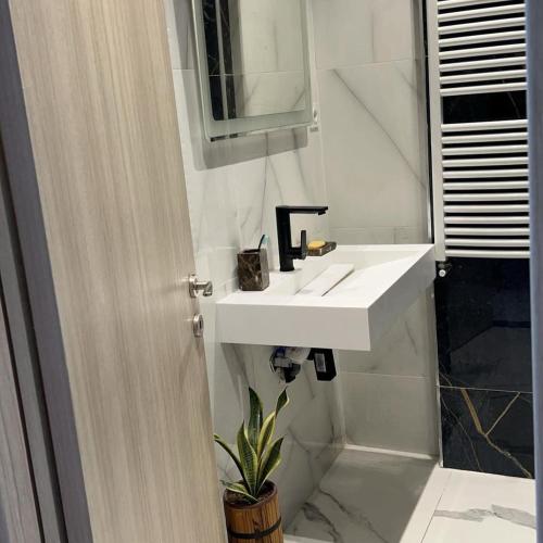 un bagno con un lavandino bianco e uno specchio di Le Paradis Du Figuier a Boumerdès