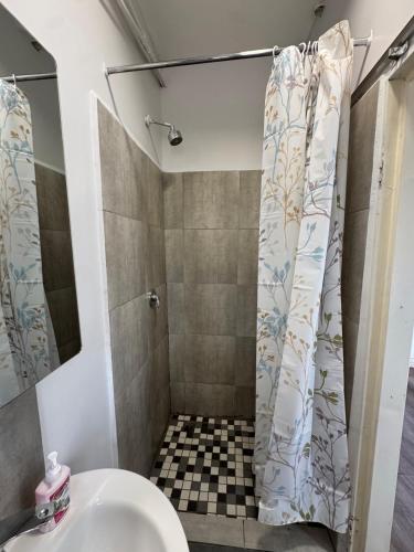 a bathroom with a shower and a sink at The Uptown studio in Lusaka