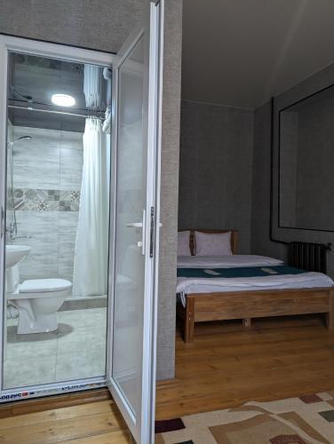 卡兹贝吉Guest house LEGIANA Kazbegi的一间卧室配有一张床、淋浴和盥洗盆