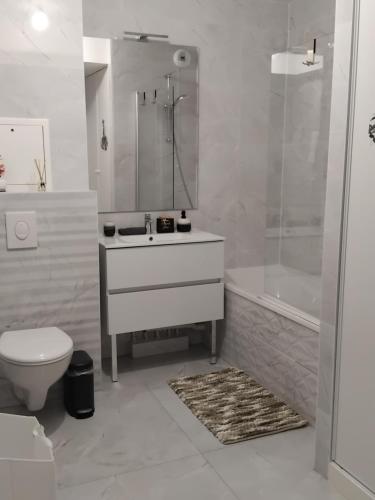 um banheiro com uma pia, um vaso sanitário e uma banheira em L'Alexandra em Noisy-le-Grand