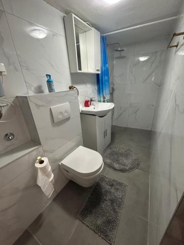 een witte badkamer met een toilet en een wastafel bij Kuća za odmor Dramalj in Dramalj
