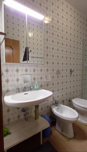 ein Badezimmer mit Waschbecken, Toilette und Spiegel in der Unterkunft Hope Home Trentino in San Martino di Castrozza