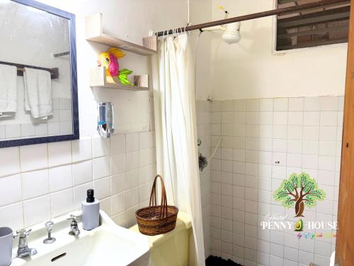 a bathroom with a sink and a shower at Penny House Hostal in David