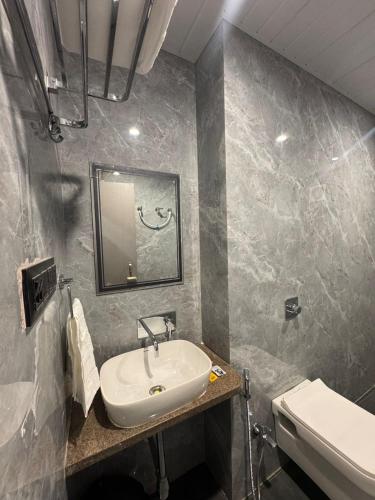 a bathroom with a sink and a toilet at OM Hotel in Sirohi