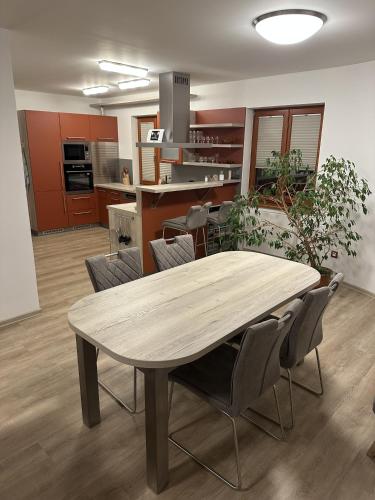 a dining room and kitchen with a table and chairs at Apartmán U3 in Týniště nad Orlicí