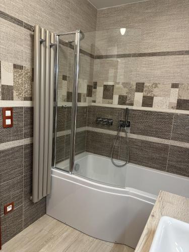 a bathroom with a tub and a shower and a sink at Apartmán U3 in Týniště nad Orlicí