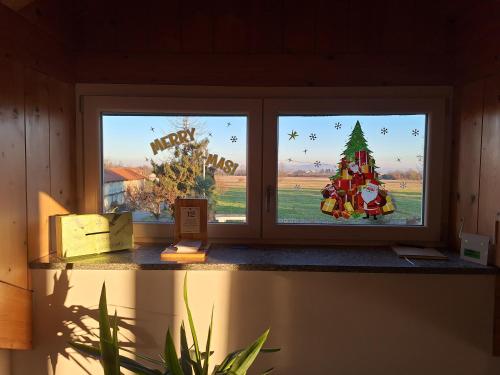 莱尼Casa Matilde的房间里有两扇挂着圣诞装饰的窗户