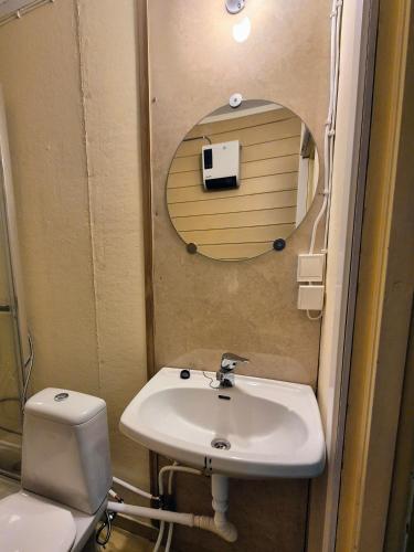 a bathroom with a sink and a toilet and a mirror at Sjarmerende 50-tallshus med utsikt og ro in Olderdalen