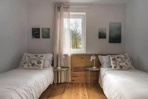 two beds in a room with a window at iFlat Pinzolo Apartment Gufo in Pinzolo
