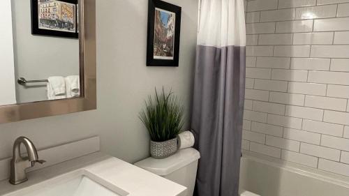 White Sands في Union Pier: حمام به مرحاض ودش عليه نبات