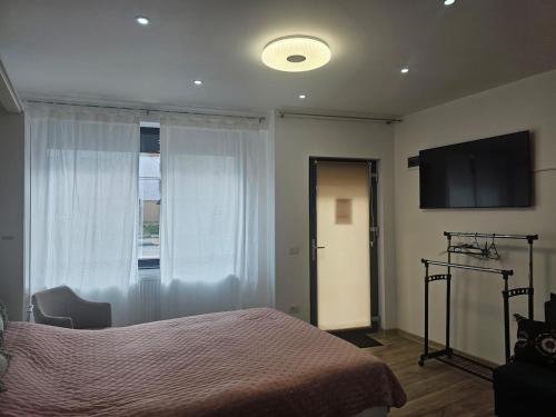 een slaapkamer met een bed en een flatscreen-tv bij East apartment in Tecuci