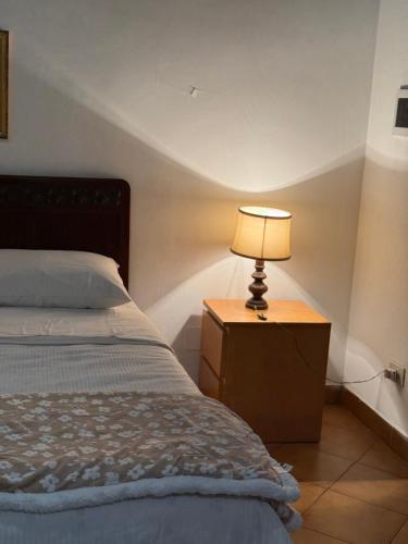 Un dormitorio con una cama y una lámpara en una mesita de noche. en Green Cottage, en Casal Palocco