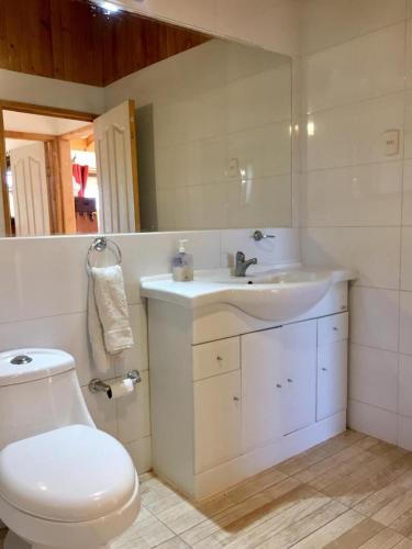 a bathroom with a toilet and a sink and a mirror at Cabaña con Patio y Árboles in Ovalle