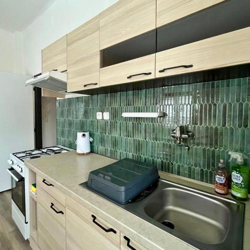 a kitchen with a stainless steel sink and green tiles at Resident Rebels in Železná Ruda